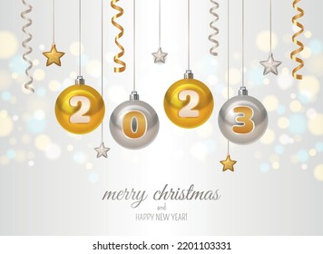 Realistic merry christmas new year 2023 poster with hanging silver and golden balls stars streamers on background with bokeh vector illustration