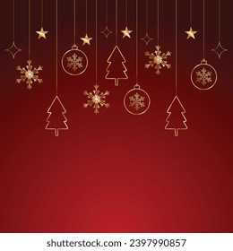 realista Feliz Navidad fondo rojo con estrellas doradas y caja de regalo y bolas doradas con árbol