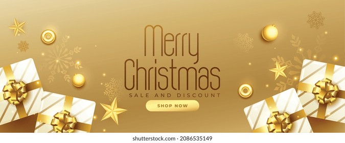 realistic merry christmas sale golden banner with gift boxes and decoration