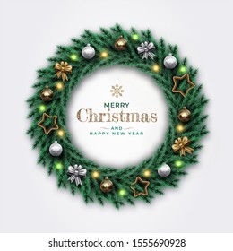 Realistic Merry Christmas Wreath with stars, ribbons, golden and silver balls. Happy New Year Decorative pine branches. Suitable for invitation, greeting card, print design.