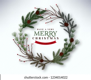 Realistic Merry Christmas wreath vector illustration 