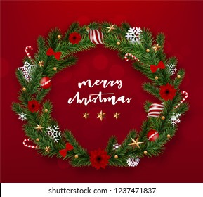 Realistic Merry Christmas wreath vector illustration