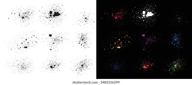 Realistic messy splatter splat collection. Paint ink creative black texture splatter vector set. Black red orange green yellow blue purple pink wheat color grunge texture collection