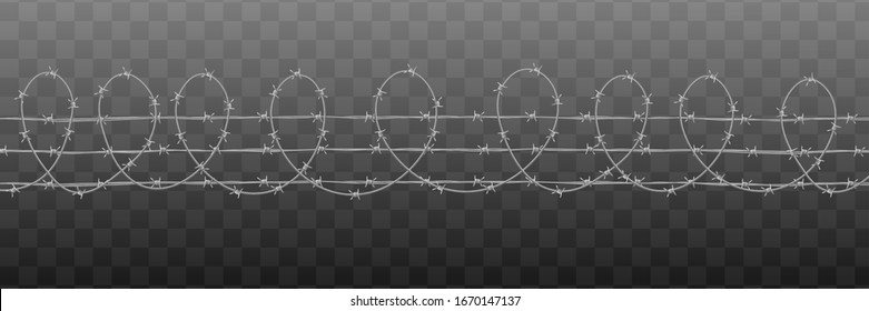 Realistic metal barbed wire for prison fence or gate security isolated on transparent background. Steel barbwire with sharp twisted barbs - vector illustration.