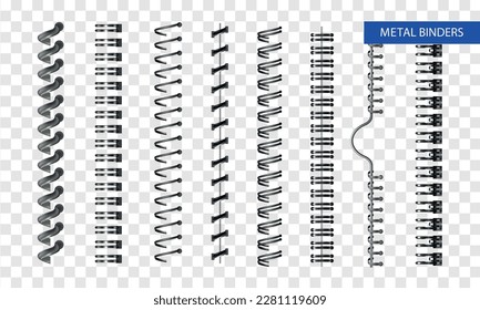 Realistic metal binders monochrome collection for document notepad album pad at transparent background isolated vector illustration