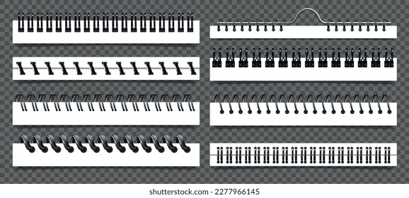 Realistic metal binders set for paper products at transparent background isolated vector illustration