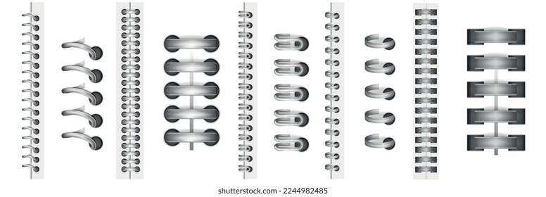 Cuadros metálicos realistas con filas verticales de separadores de páginas metálicas de color plata en ilustración vectorial de fondo en blanco