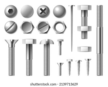 Realistische Metallschrauben. Stahlmuttern und -schrauben. Nägel oder Nieten. Runde oder sechseckige Metallkappen. Chrome-Befestigungsgeräte. Reparaturwerkzeuge. Hardware-Sammlung. Vektorgrafik