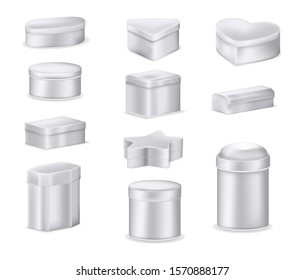 Realistic metal box mockup set. Aluminum containers boxes different shapes oval, round low jar, high cylindrical can, tea square heart star metal box for storing accessories, gifts, products vector