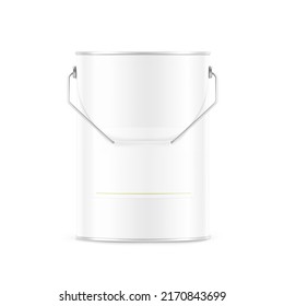 Realistic metal bucket mockup with a handle and label. Vector illustration isolated on white background. Perfect for your design. EPS10.