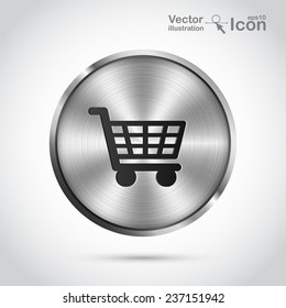 Realistic metal button - basket icon. Vector illustration. 