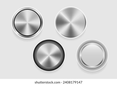 Realistischer Metallknopf mit zirkulärer Verarbeitung. Metallische Knopfvorlage. Vektorgrafik