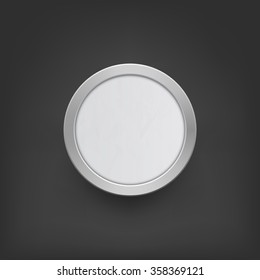 Realistic metal button with folded paper effect on black background. Vector. Retro steel circle. Modern place for text. Metal frame. Eps 10.