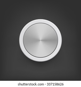 Botón de metal realista sobre fondo negro. Vector. Círculo de acero. Colocar texto.