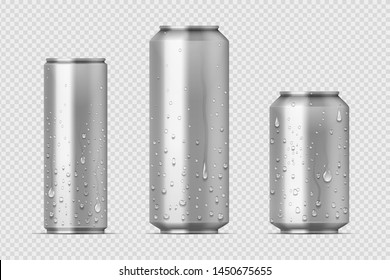 Realistic metal cans. Aluminum bear soda and lemonade cans with water drops, energy drink blank mockup. Vector isolated set canned beverages with water condensation on transparent background