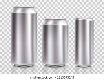 Realistic metal cans. Aluminum bear soda and lemonade cans with water drops, energy drink blank mockup. Isolated set canned beverages with water condensation on transparent background. Vector