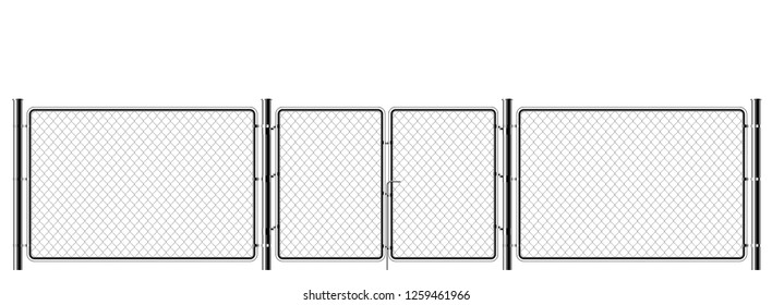Realistic metal chain link fence. Art design gate. Prison barrier, secured property.  The chain link of fence wire mesh steel metal. Rabitz. 