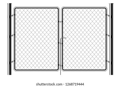 Realistic metal chain link fence. Art design gate. Prison barrier, secured property.  The chain link of fence wire mesh steel metal. Rabitz. 