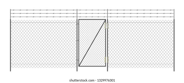 Realistic metal chain link fence. Barbed wire. Electronic lock. Rabitz. Art design gate. Prison barrier, secured property. The chain link of fence wire mesh steel metal.