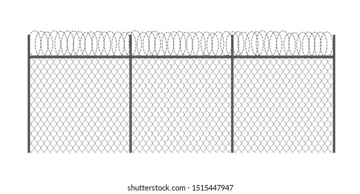 Realistic metal chain link fence with barded wire isolated