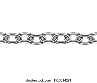 Realistic metal chain seamless texture. Silver color chains link isolated on white background. Strong iron chainlet solid three dimensional design element.