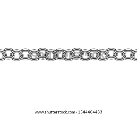 Realistic metal chain seamless texture. Silver color chains link isolated on white background. Strong iron chainlet solid three dimensional design element.