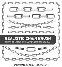 Realistic metal chain set, vector silver chains. Industrial link and metallic strength line illustration