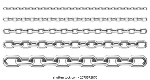 Realistic metal chain with silver links isolated on white background. Vector illustration.