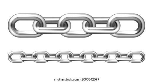 Realistic metal chain with silver links isolated on white background. Vector illustration.