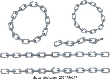 Realistic metal chains forming circles and straight lines, some broken and some intact, isolated on white