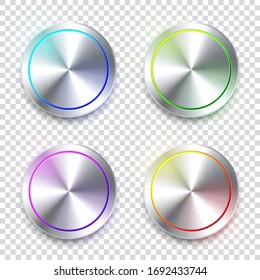 Realistic metal chrome button. Silver steel volume control knob. Application interface design element. App icon. Vector illustration.