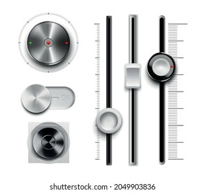 Realistic metal chrome dashboard elements set isolated on white background vector illustration