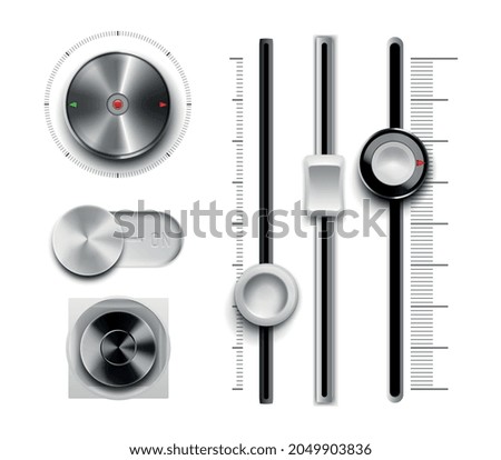 Realistic metal chrome dashboard elements set isolated on white background vector illustration