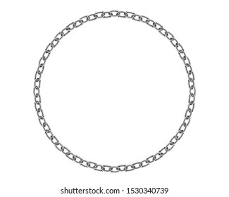Realistic metal circle frame chain texture. Silver color round chains link isolated on white background. Strong iron chainlet solid three dimensional design element