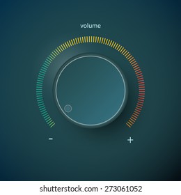 Realistic metal control panel tumbler. Music audio sound volume knob button minimum maximum level. Rotate switch interface stereo tuner. Design element Vector illustration