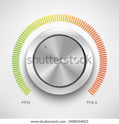 Realistic metal control panel tumbler. Music audio sound volume knob button minimum maximum level. Rotate switch interface. Vector illustration