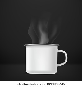 Realistic metal cup with hot drink with steam
