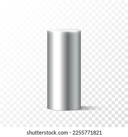 Realistic metal cylinder pedestal isolated on transparent background. Steel glossy detailed pipe with shadow. Round chrome column stand. 3d geometric shape vector illustration