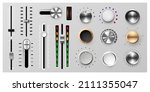 Realistic metal dashboard dial. Radio panel knobs. Round buttons and adjustment levels for stereo sound and music equipment. Metallic regulators or turners. Vector audio switches set