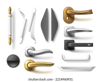 Realistic metal door handles. Isolated interior accessories, furniture steel, chrome and bronze handles, different shapes 3d objects modern and classic design, room entrance, utter vector set