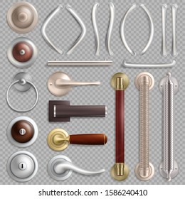 Realistic metal door handles, knobs and locks, vector illustration isolated on transparent background.