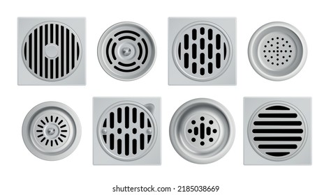 Realistic metal drainage grates icon set eight different drains with large and small water holes vector illustration