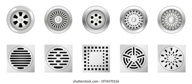 Realistic metal drainage grates. Set of square and round drain manhole with steel grid for shower or sink isolated on white. Tools for sewer in bathroom or kitchen. Vector illustration