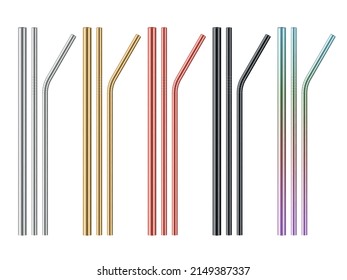 Realistic metal drinking straws. Different colors steel zero waste pipes for beverage. Straight and curved cocktail sticks. Alternative eco product. Vector reusable bar svg