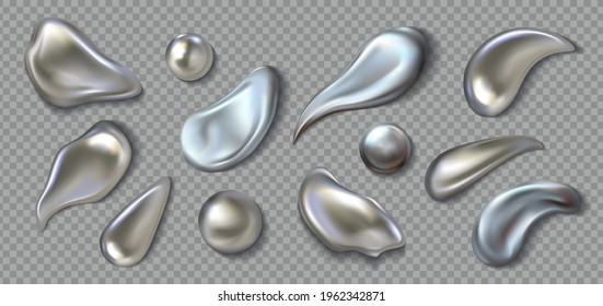Realistic metal drops  3D chrome paint splash  Mercury drip   liquid silver blob shapes  Melted smears round droplets transparent background  Vector glittering brushstrokes set
