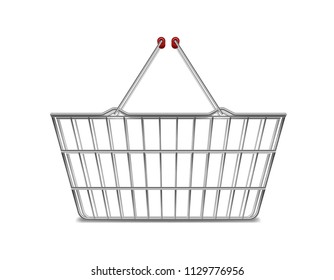 Realistic metal empty supermarket shopping basket side view isolated on white. Basket market cart for sale with handles. vector illustration