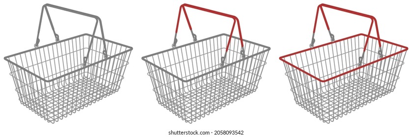 Realistic metal empty supermarket shopping basket side view isolated on white. Basket market cart for sale with handles. Vector illustration