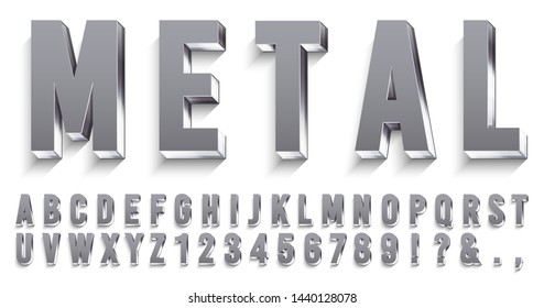 Realistic metal font. Shiny metallic letters with shadows, chrome text and metals alphabet. Credit cards steel abc and numbers, futuristic iron font. 3D vector isolated symbols set - Shutterstock ID 1440128078