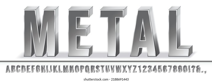 Realistic metal font. Shiny metallic 3D letters with extrude effect and steel texture. Chrome alphabet vector set. Silver glossy typescript, modern platinum latin abc letters and numbers