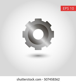 A realistic metal gear wheel with shadow and spot of light on white background. Vector illustration. One isolated gray gear for car service. Eps 10
